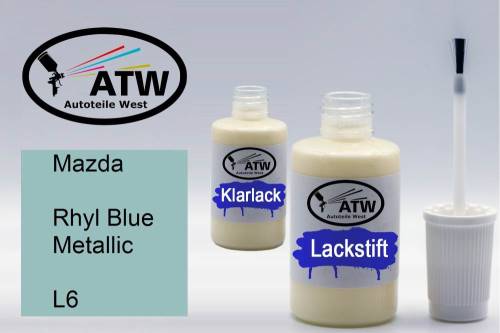 Mazda, Rhyl Blue Metallic, L6: 20ml Lackstift + 20ml Klarlack - Set, von ATW Autoteile West.